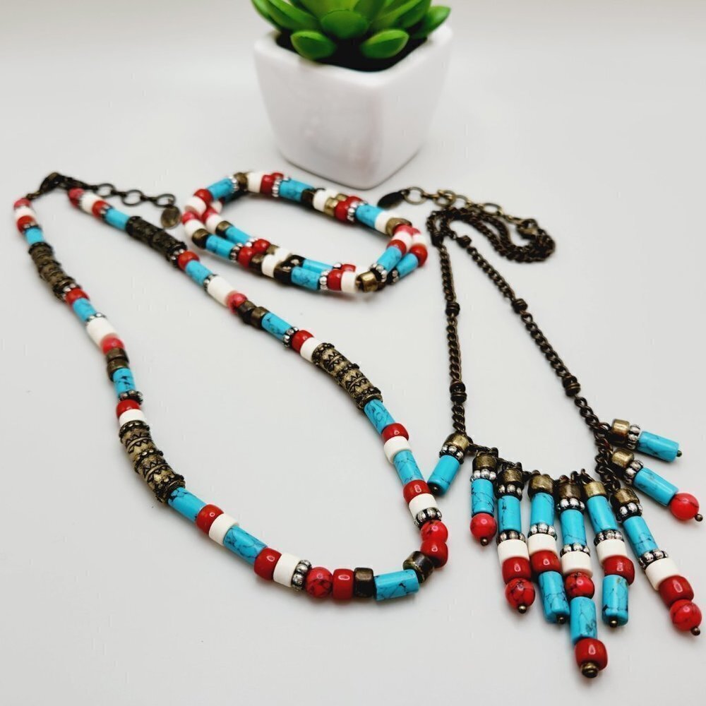 Nine West Vintage American Southwestern Turquoise Coral Tone Beaded Set